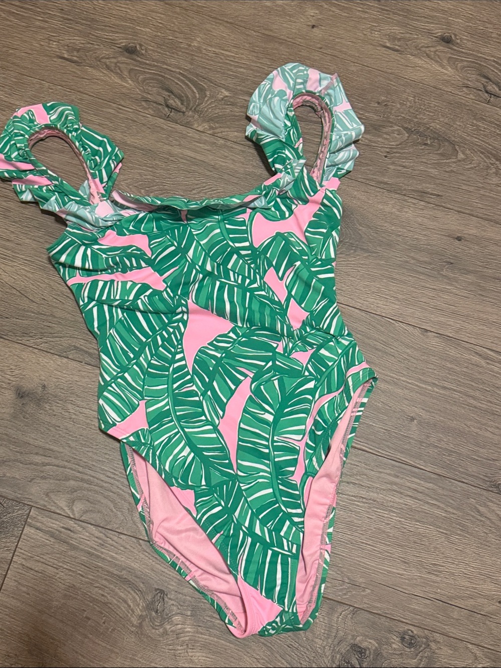Lilly Pulitzer Pink & Green Tropical Leaf One-Piece Swimsuit